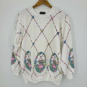VTG 80s Andover Kitten Sweatshirt Womens Medium White Floral Grey Kittens USA